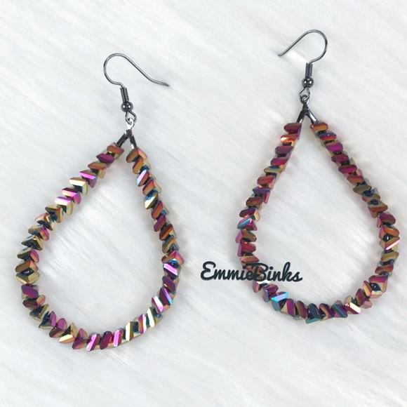 New FP Oil Slick Holographic Beaded Teardrop Dangle Earrings - Picture 6 of 14